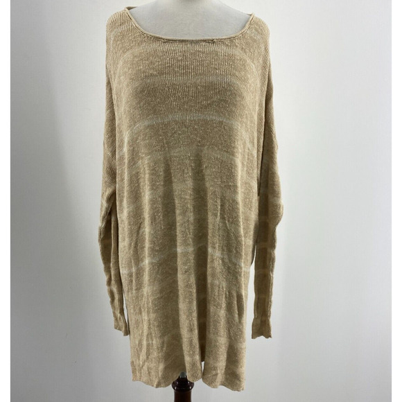 Free People Sweaters - Free People Tan White Stiped Crew Neck Oversized Tunic Sweater Womens Size L